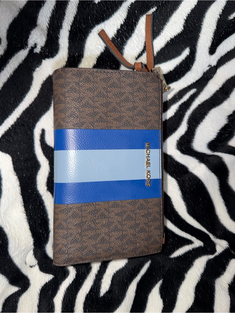 Michael Kors Brown Wristlet with Blue and Light Blue Stripes